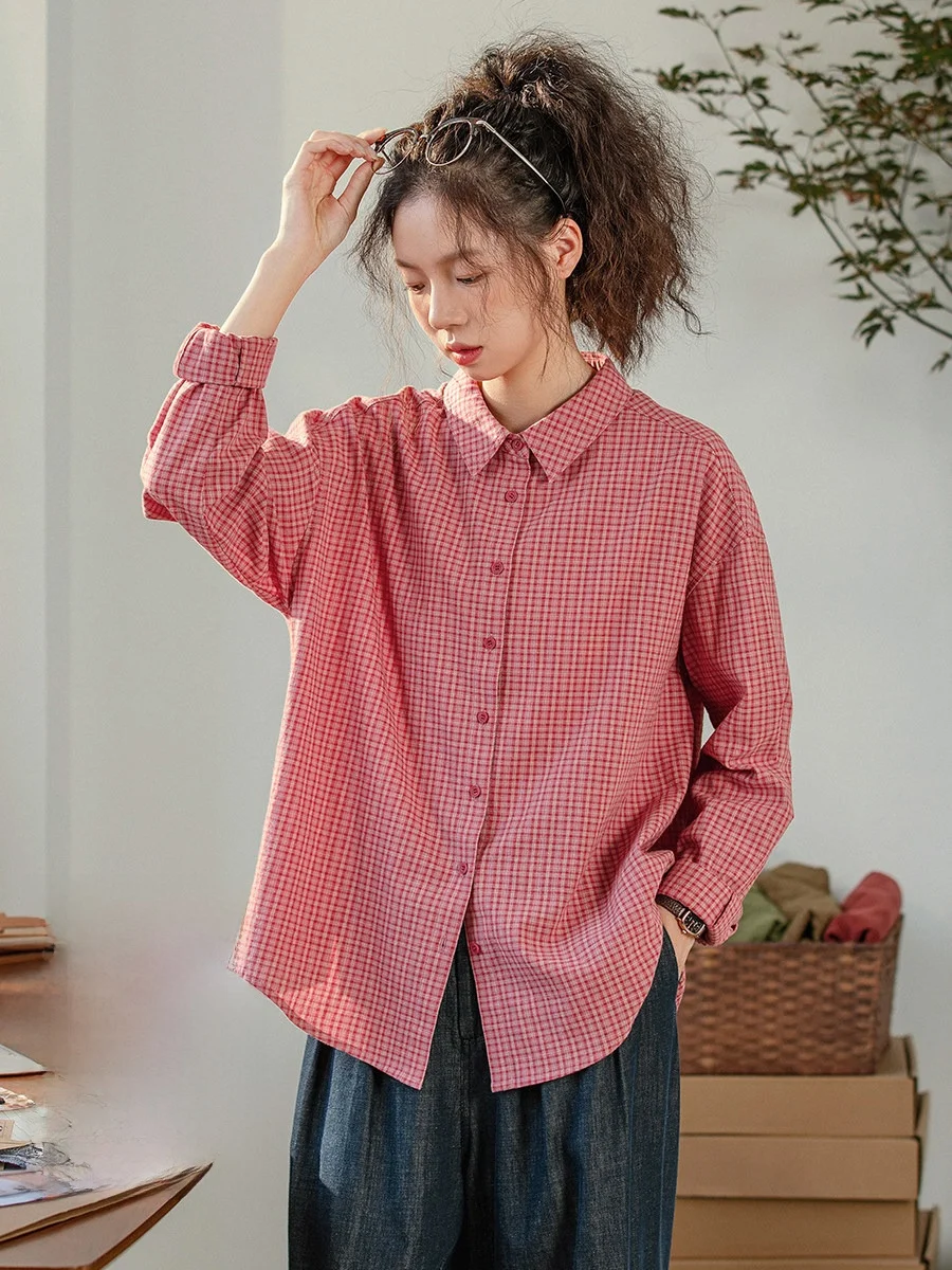 

Повседневный женский топ из чистого хлопка Long Sve, оригинальный дизайн, розовый топ с воротником в клетку, универсальный осенний модный топ