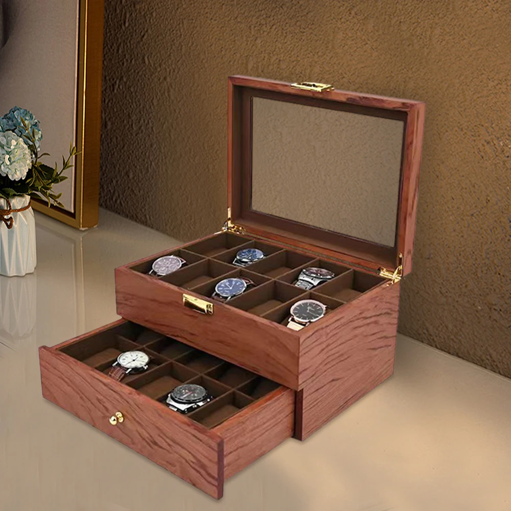 20 Slots Cherry Wood Organizer Jewelry and Watch Display Case Storage Box With Drawers  Transparent  Top Lid  convenient