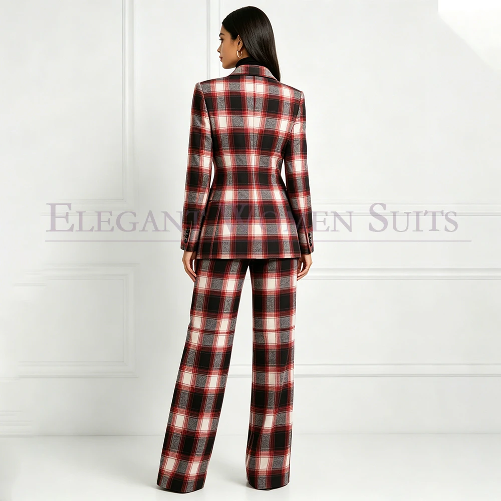 Luxury Office Lady Women's Suits Classic Windowpane Double Breasted Peak Lapel Office Lady Blazer Customized 2 Piece Jacket Pant