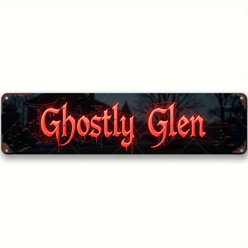 قطعة واحدة من لافتة معدنية، مقاس 4 × 16 بوصة "علامة "Ghostly Glen" لديكور الهالوين - نمط خشبي ريفي" #2