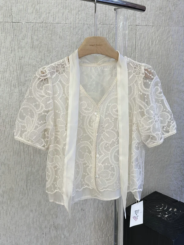 

Элегантный женский летний кардиган с кружевным цветочным принтом, короткими рукавами-фонариками, V-образным вырезом, дышащий, приятный для кожи, в повседневном стиле