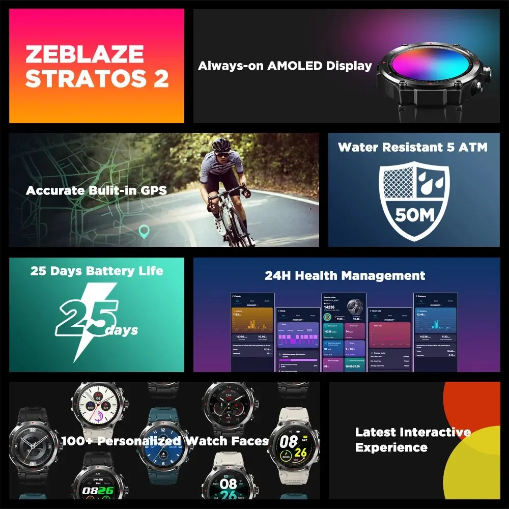 Zeblaze-Stratos 2 Smartwatch Masculino, GPS, Display AMOLED, Monitor de Saúde 24h, Bateria de Longa Duração