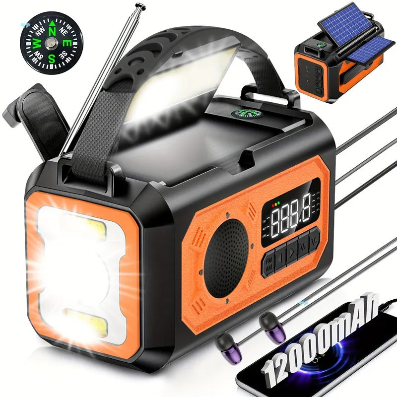 

12000mAh Emergency Weather Radio Reading Lamp Solar Hand Crank Weather Alert Radio Power Bank SOS Alarm for Camping Hiking Tents