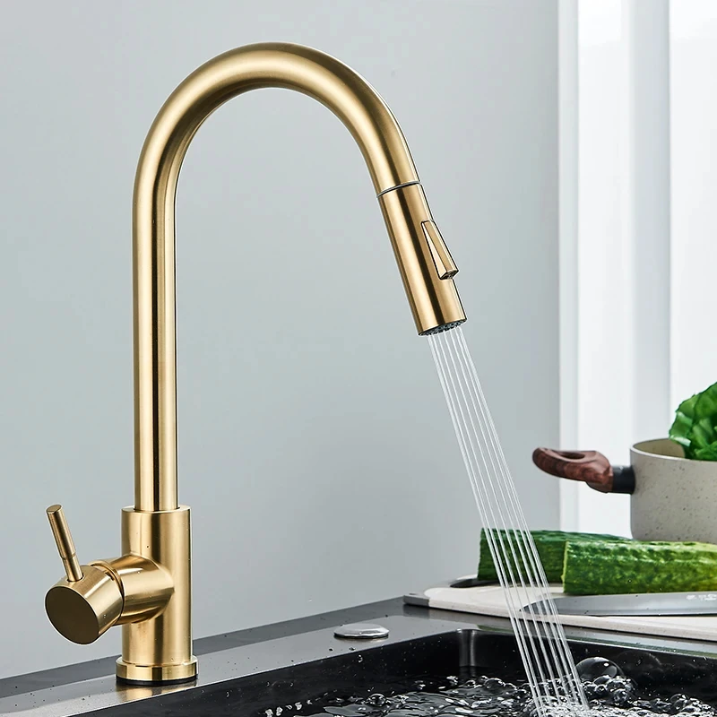 

YXS Brushed Gold Kitchen Faucet Pull Out Kitchen Sink Water Tap Single Handle Mixer Tap 360 Rotation Kitchen Shower Faucet
