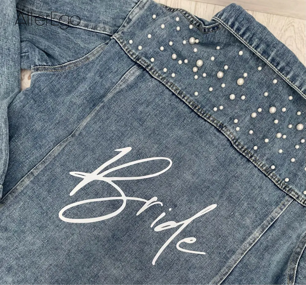 Blue Wedding Date Jean Jackets Mrs Customized Text Denim Jacket Personalizar Bride Coats with White Pearls Women\'Black Outerwear