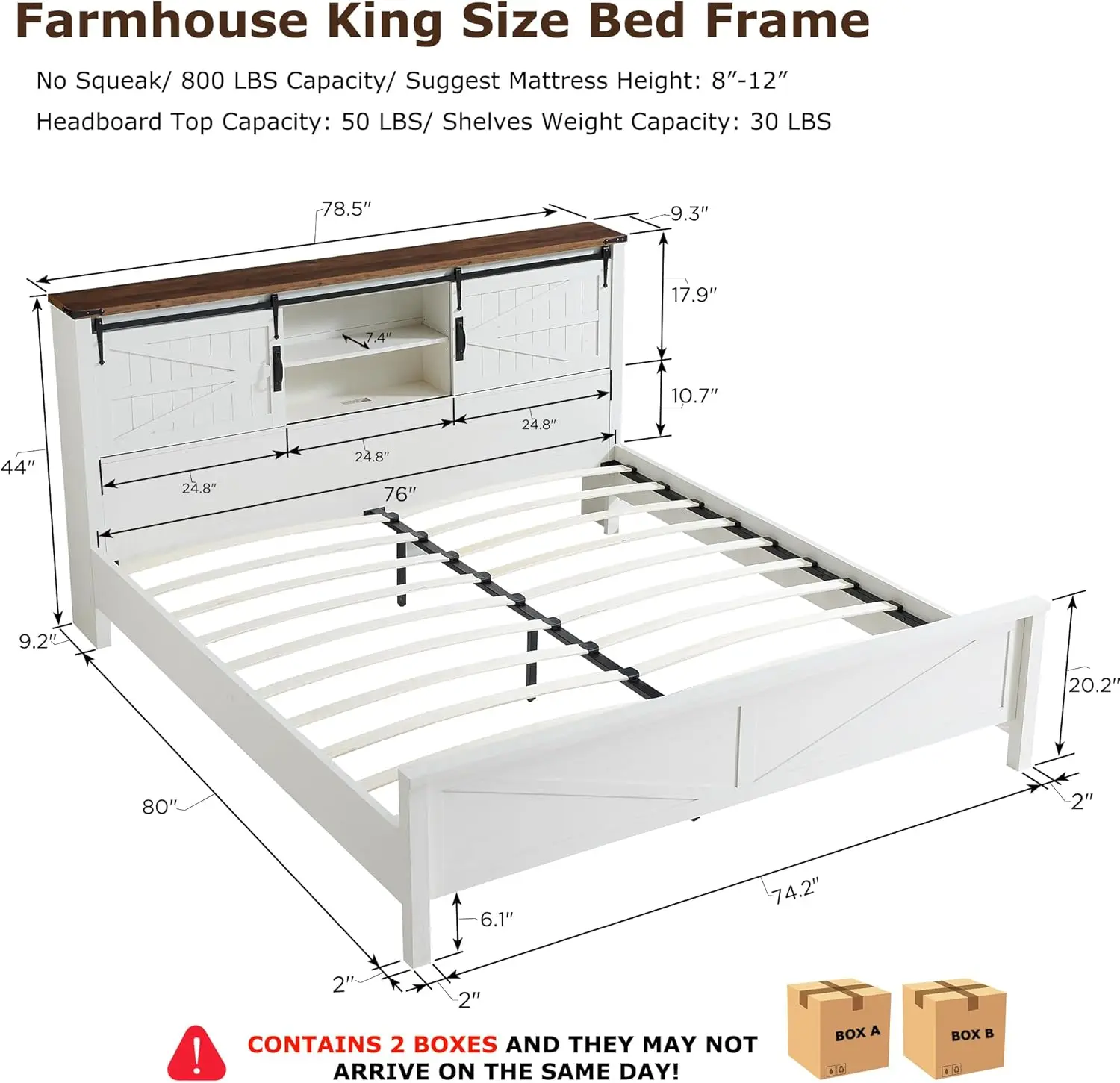 Farmhouse King Size Bed Frame w/Storage Bookcase Headboard, Sliding Barn Door, Charging Station, Rustic Wood Platform Bed