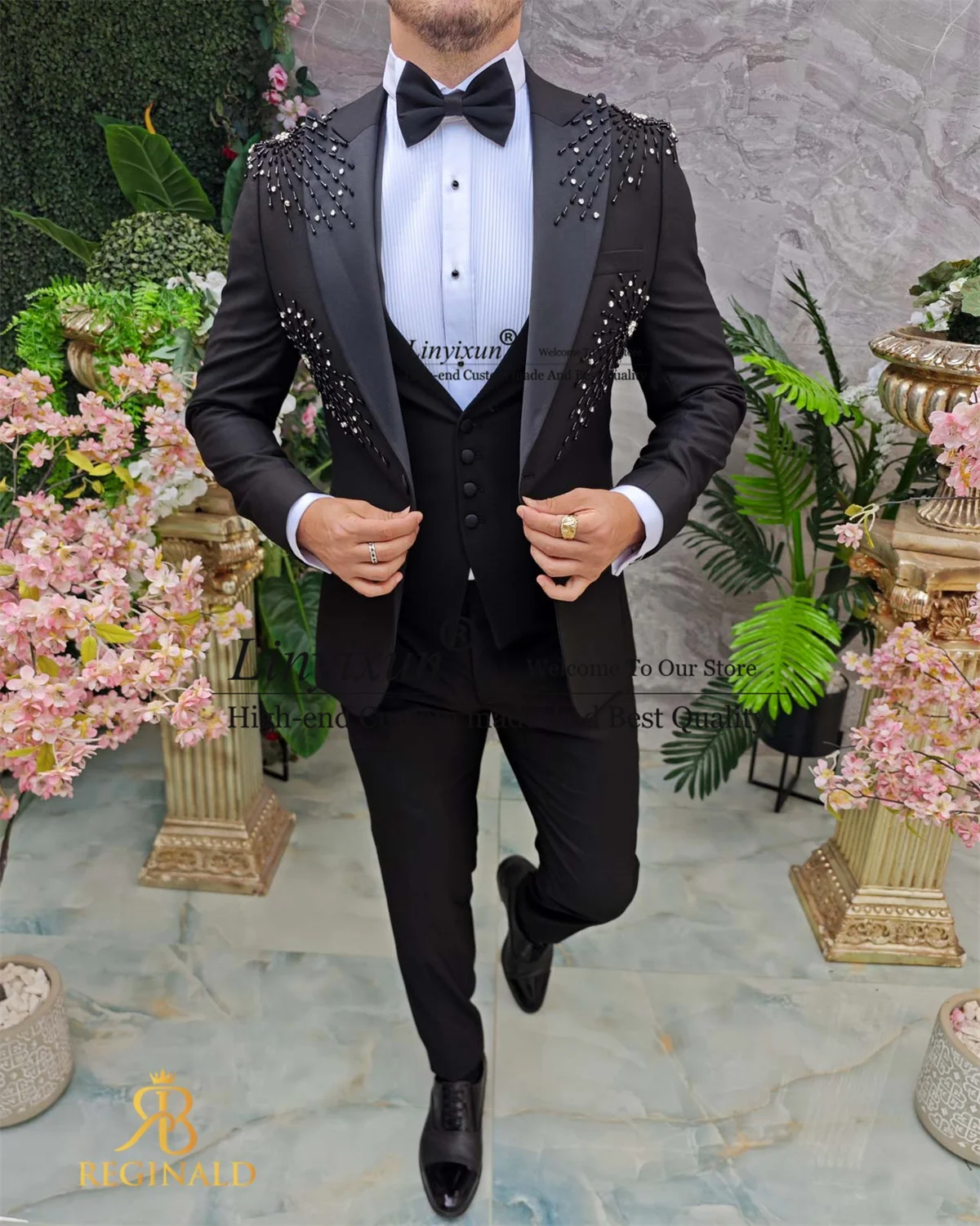 Formal Black Men Suit Luxury Beaded Crystal Groom Wedding Tuxedos Party Male Prom Blazers 3 Pieces Sets Customized Costume Homme