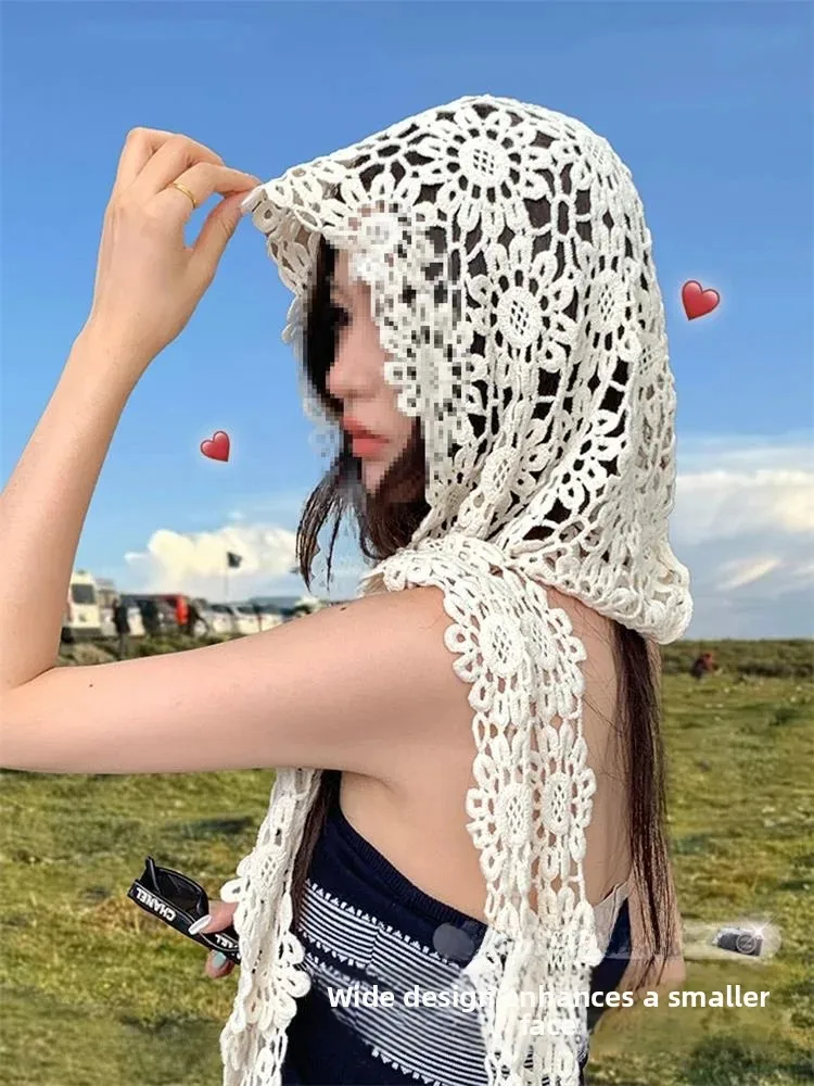 Women's Large Circumference Knitted Scarf Hat Lace Hollow out Design Versatile All Weather Cap Shoulder Length Fashion Accessory