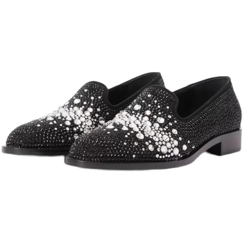 

Luxury Starry Black White Crystal Men Business Leather Shoes Zapatos Hombres Bling Rhinestone groom Slip On Low Top Loafer Shoes