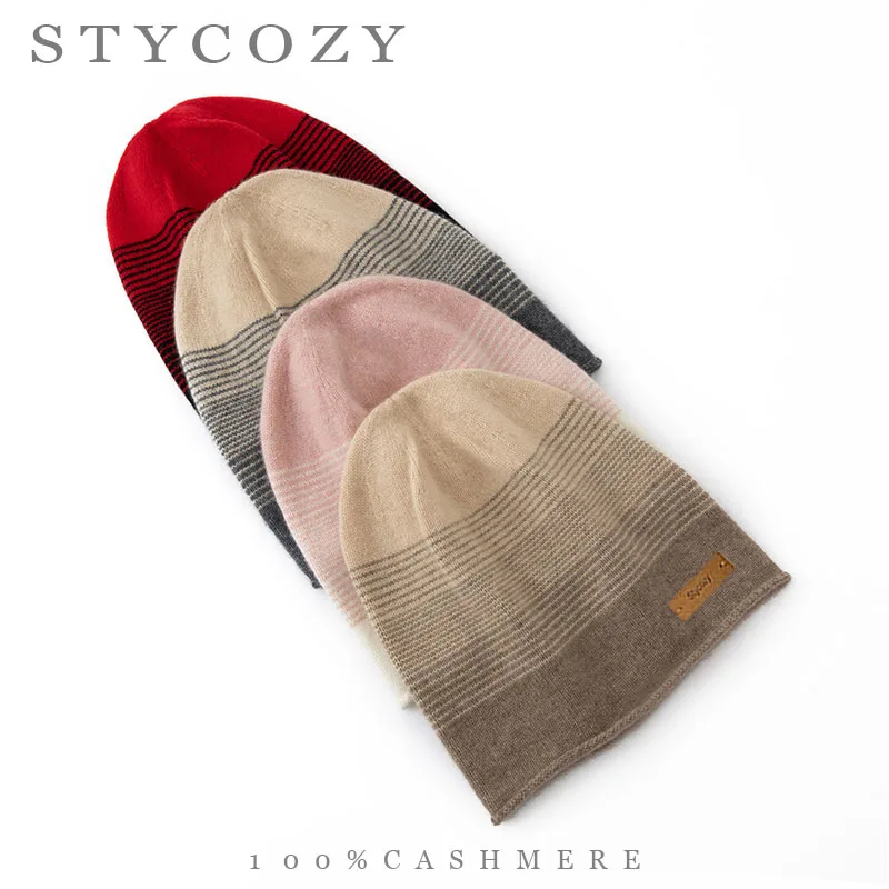 100%Cashmere Women Gradient Stripe Slouchy Beanie Soft Rolled Edge Casual Minimalist Outdoor Knitted Hat Thick Winter Skull Cap