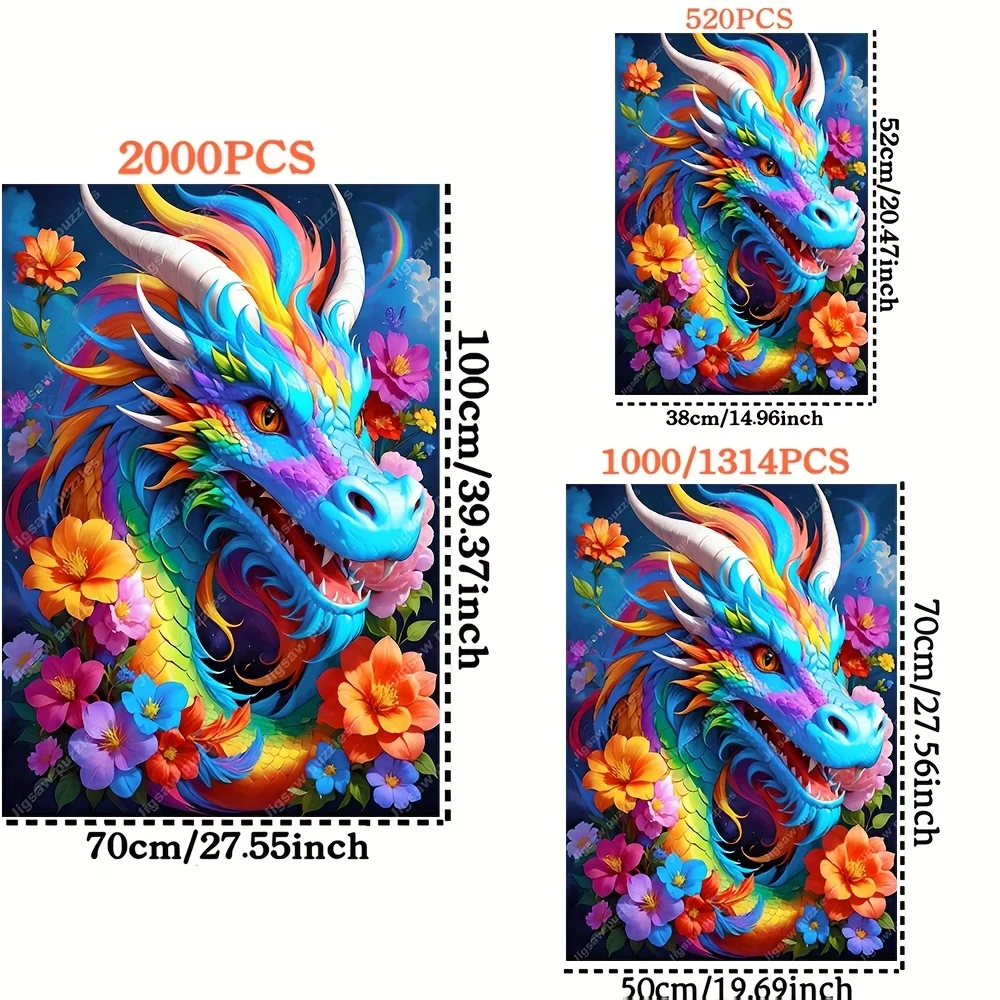 أحجية الصور المقطوعة 2000/1000/1314/520 قطعة - تصميم تنين نابض بالحياة والزهور، ورق عالي الجودة، ديكور فني مكعب محمول يمكنك صنعه بنفسك، Famil