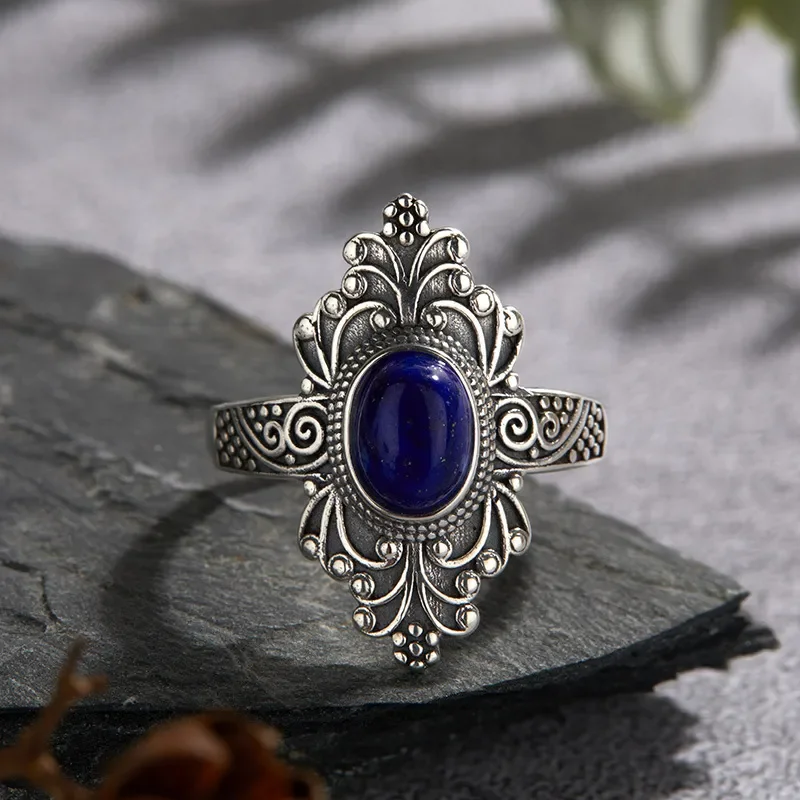 S925 sterling silver natural blue gold kyanite colored Baotai silver ring female retro court style open ring European and