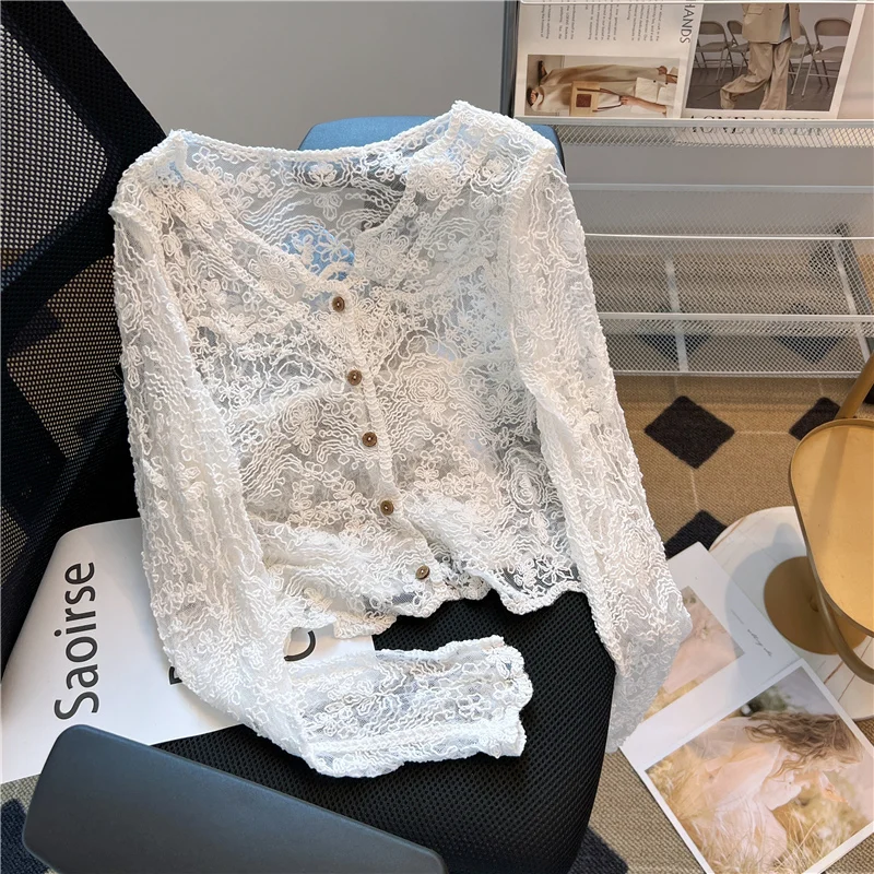 

Нежный кружевной кардиган с высоким воротником и открытыми плечами, тонкий женский топ с защитой от солнца, сказочная верхняя одежда