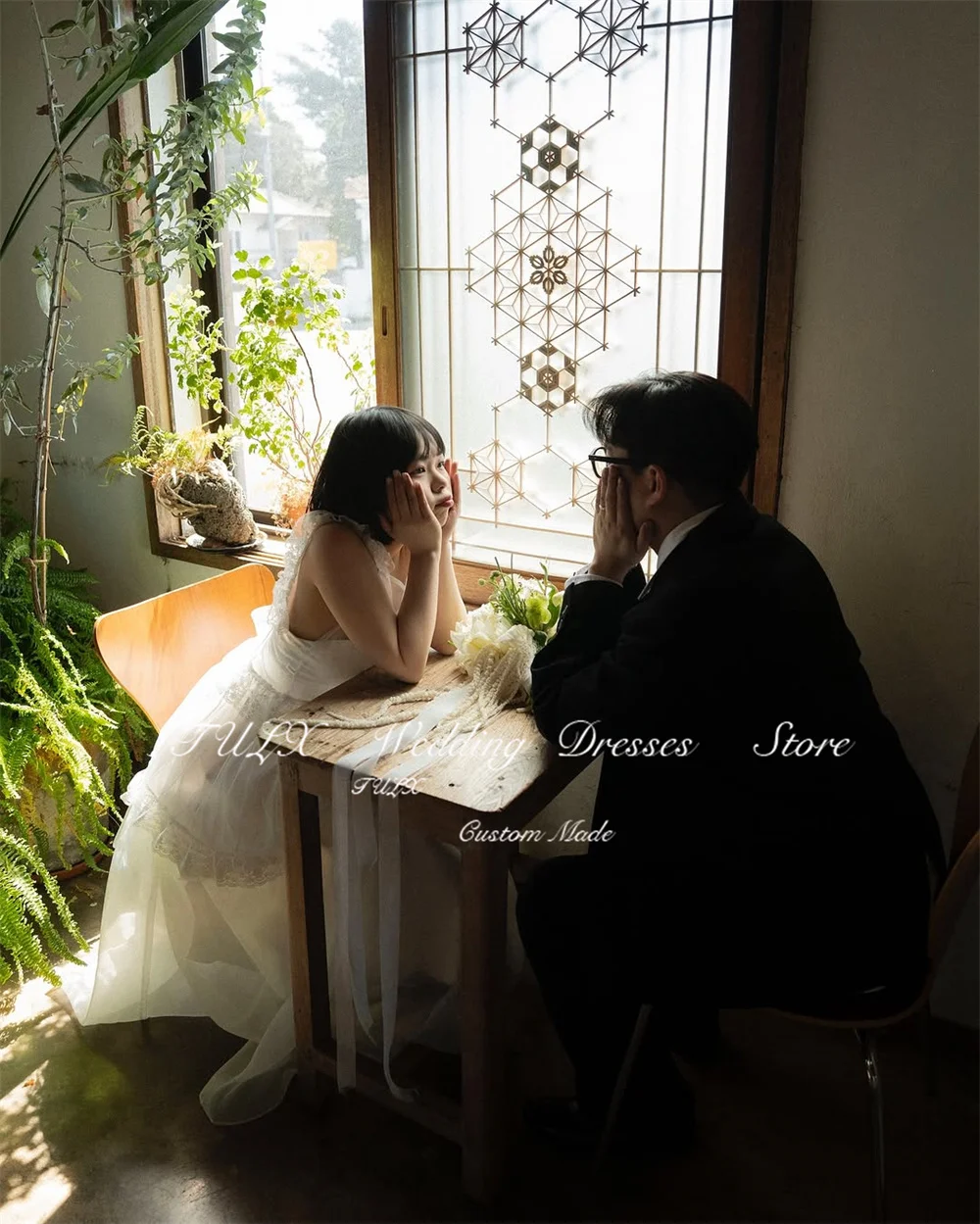 TULX Organza Corset Wedding Dress Korea Photo Shoot Square Collar Lace Strap Bridal Gowns A line Long Tiered 웨딩드레스 Customized