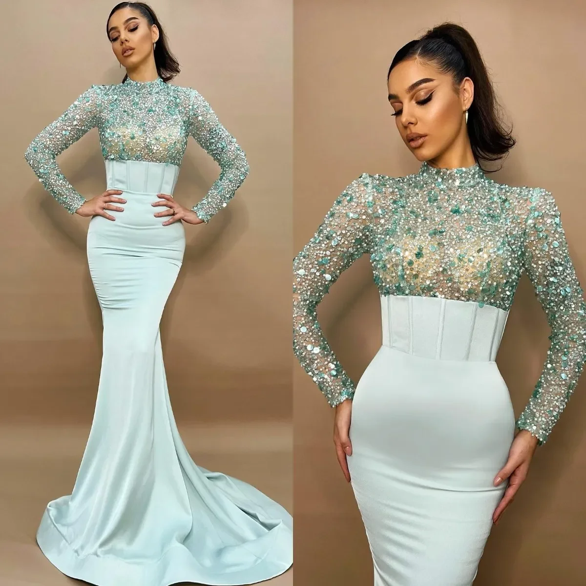 Customized Sexy Mint Green Mermaid Prom Dresses High Neck Long Sleeves Sequins Evening Gowns Formal Red Carpet Long Special Occa