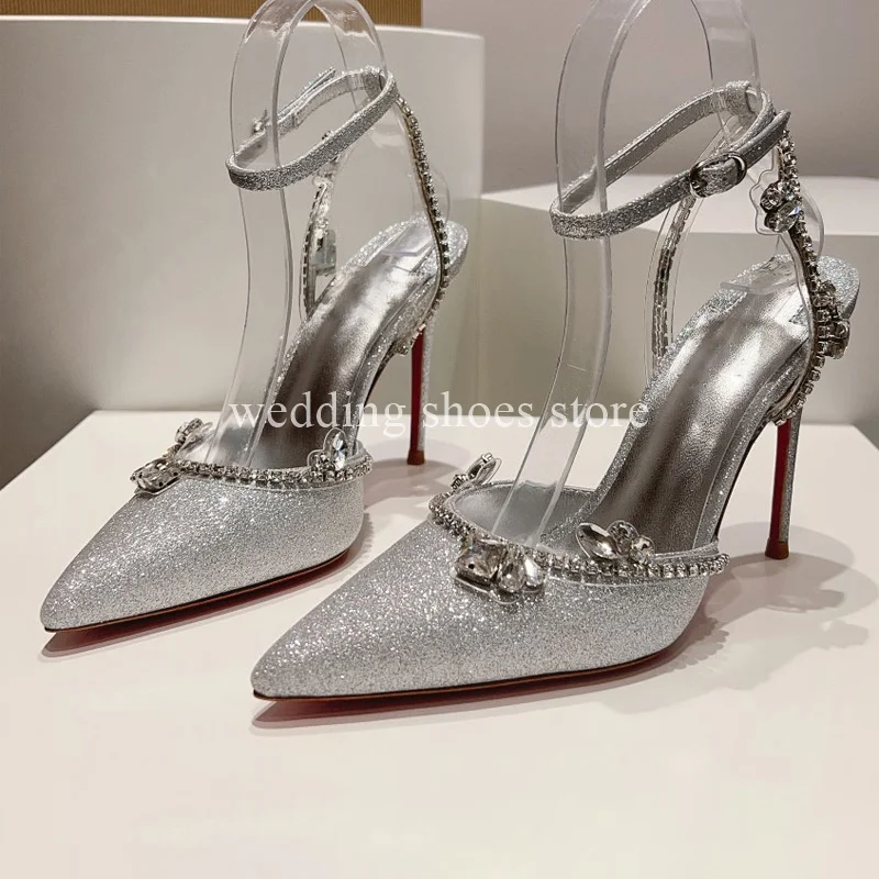 

Silver Bulingbuling calf leather Women High Heels Shallow Mouth Pointed Toe High Heels Wedding Luxury Single Shoes Women Pumps