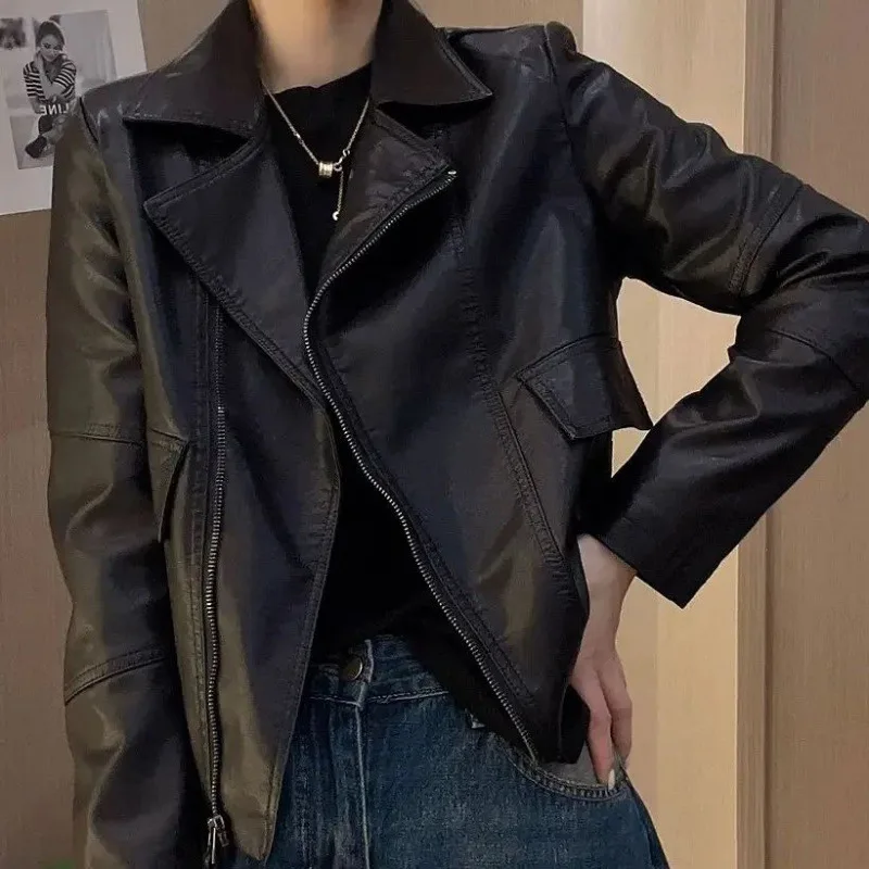 New Lapel Short Zipper Leather Jacket Womens Spring Windproof Motorcycle Coat Trend Loose Large Size Solid PU Jacket Outwear Top