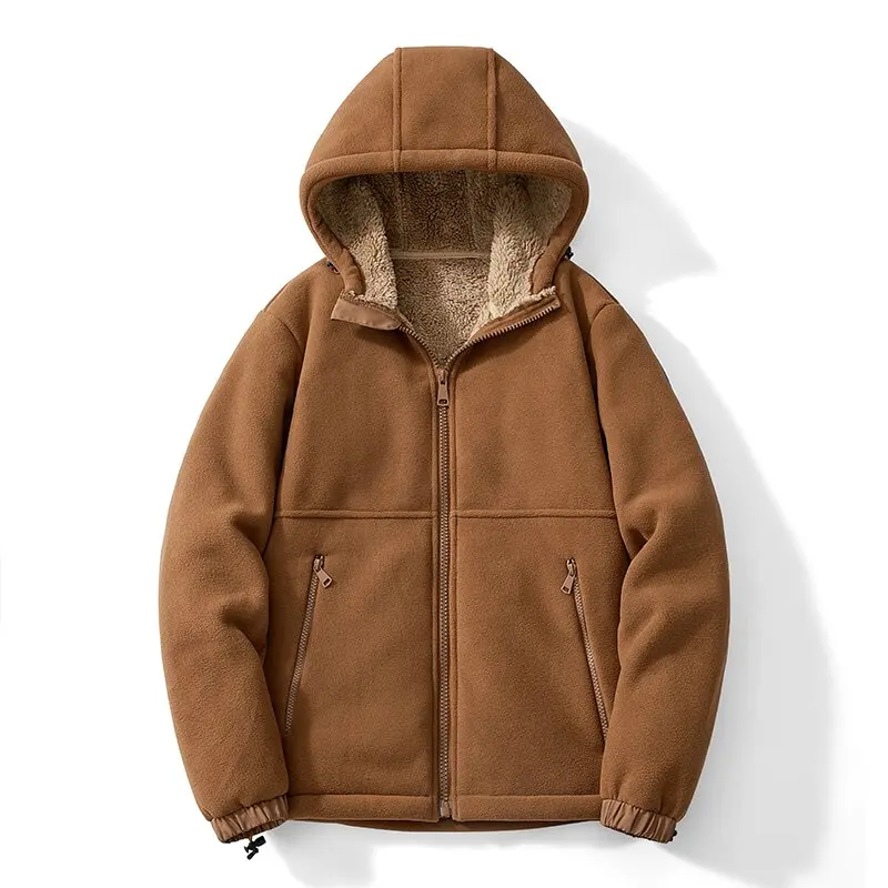 2024 Autumn/Winter New Fashion Solid Color Lamb Wool Hooded Coat Men\'s Casual Loose Thick Warm High Quality Plus-Size Jacket