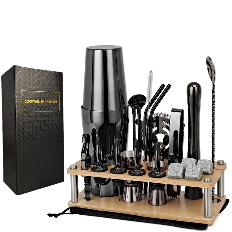 Wooden Stand Bar Cocktail Shaker Set Barware Tools Shaker Sets with Wooden Rack Bars Set Tools