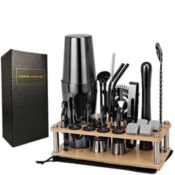 Wooden Stand Bar Cocktail Shaker Set Barware Tools Shaker Sets with Wooden Rack Bars Set…