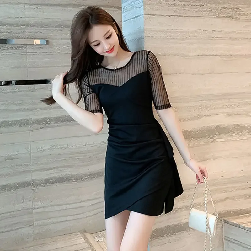 فستان قصير ضيق كشكش فساتين حريمي صغيرة Bodycon كم شبكة مشد أنيق فاخر Y2k مصمم شيك Kpop الشاطئ الساخن