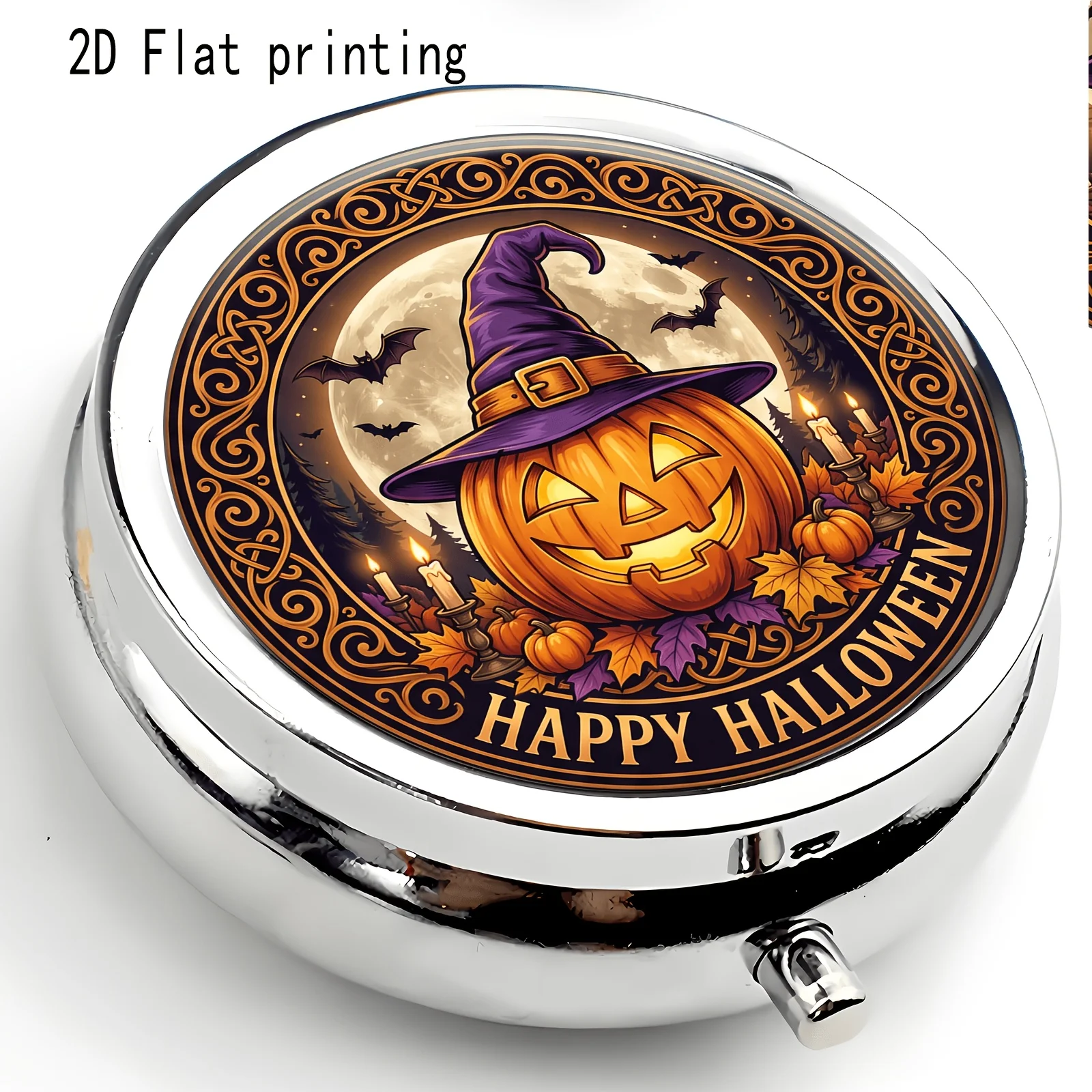 1Pc Flat Printing Pill Box, Wizard Hat and Magic Broom Pattern Design, Halloween Fantasy Style, Portable Metal Material, Exquisite and Convenient, Suitable for Various Occasions, Small Particle Storage, Easy to Store, Compact Jewelry Box, Compact and Exquisite Decorative Box, Compact Creative Small Jewelry Box, Universal, Personal Medication Dispensing Box