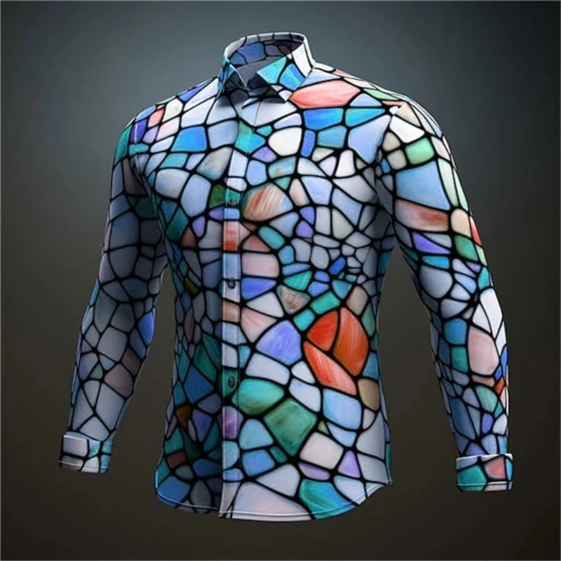 2024 New Spring and Autumn Colorful Splicing Casual Personalized Trendy Men\'s Long sleeved 3D Printed Shirt Large Shirt xs-6xl