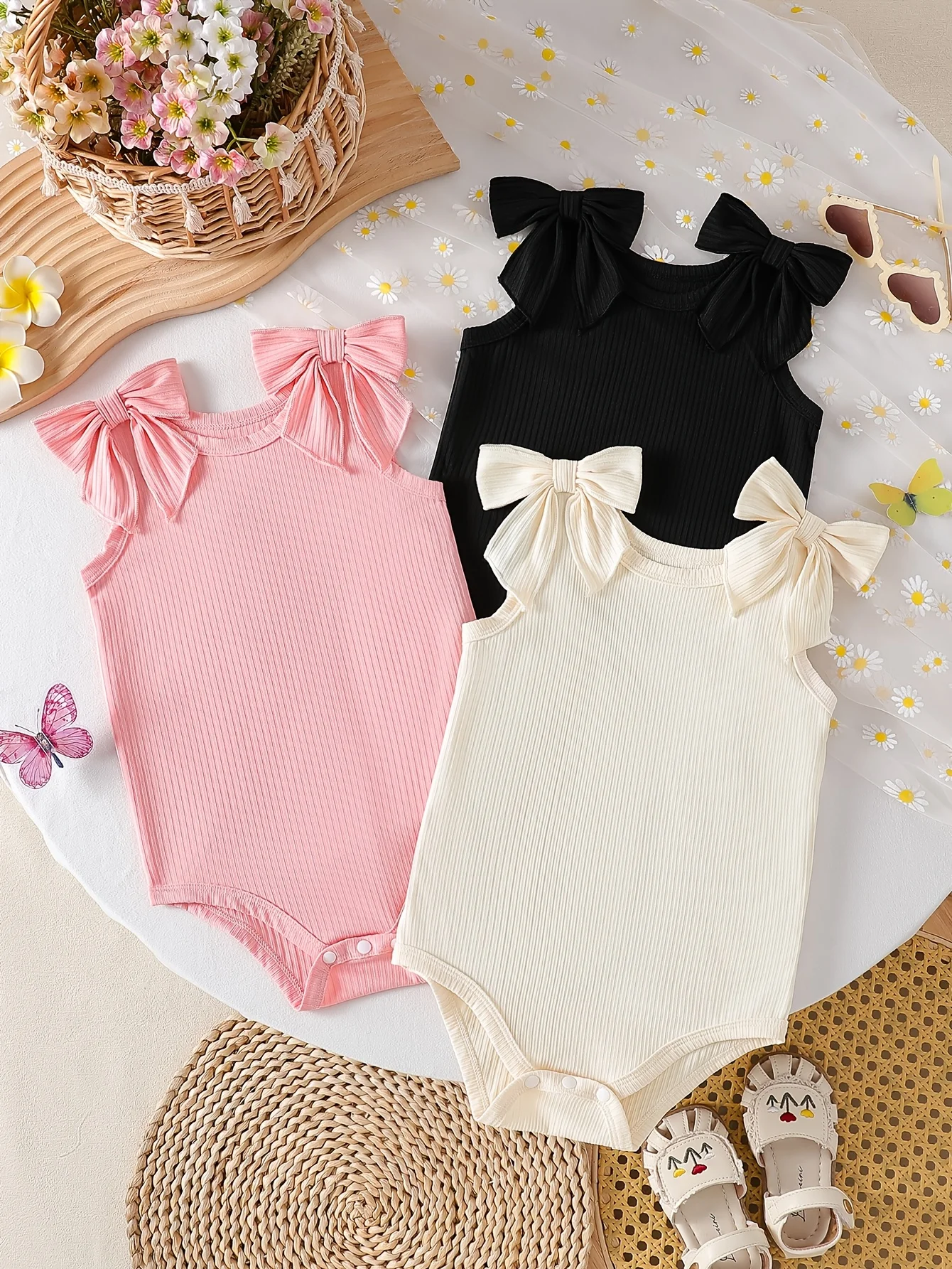 

[Подарок на День святого Валентина/День рождения] Детский комбинезон-ромпер для девочки в рубчик – очаровательный боди без рукавов с бантом (3 расцветки)