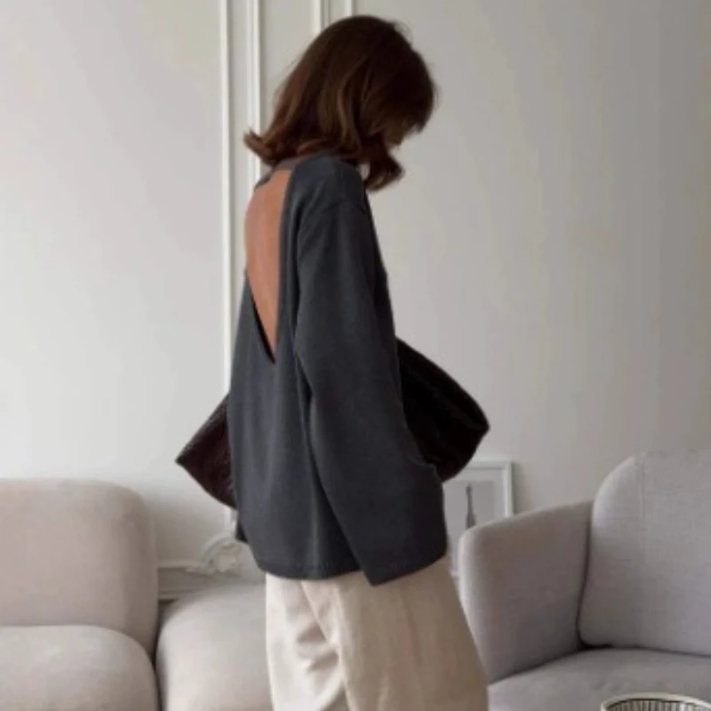 DemoRave Gestrickte Backless Pullover Frauen Sexy Elegante Lose Langarm Pullover Herbst Ästhetischen Casual Solide Strickwaren Weibliche