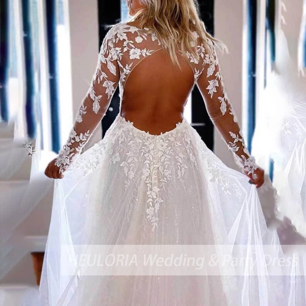 Elegant lace applique A line wedding dress long sleeve shinny skirt bridal dress Robe De Mariee Bride Dress