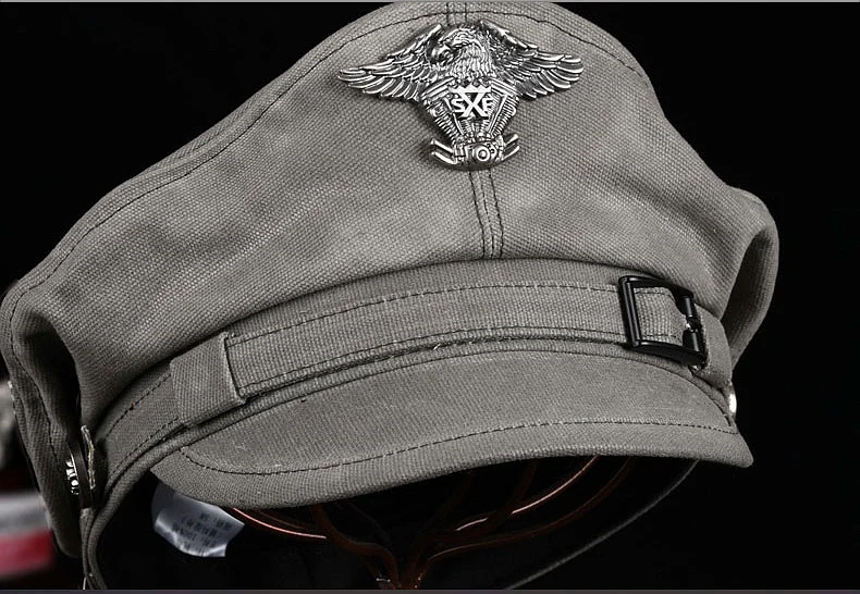 2025, Frühling, Retro-Matrosenkappe, für Herren und Damen, Hut, männlich, Segeltuch, flache Oberseite, grauer Adler, Windschutz, Gürtel, Lokomotive, Casquette – Detail 4
