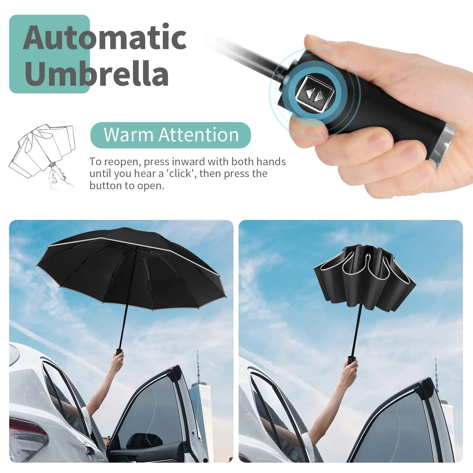 10 Ribs Inverted Automatic Umbrella for Rain Windproof Umbrella with Reflective Strip Fold Sun Compact UV Umbrella for Women Men