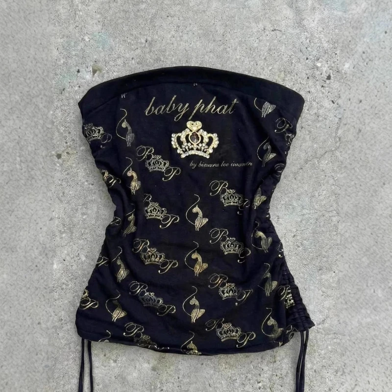 Women Strapless Bandeau Tube Top, All‑Over Crown Print, Side Drawstring Design, Y2K Aesthetic Slim‑Fit Summer Streetwear Tops