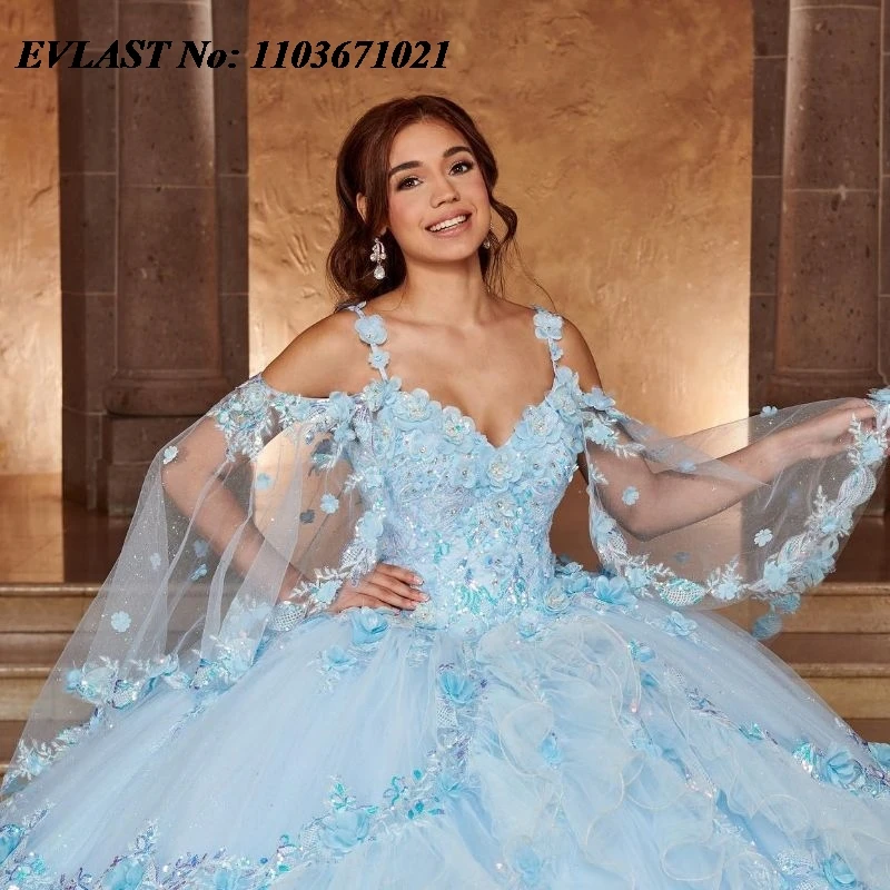 Evlast Glanzend Blauw Quinceanera Jurk Baljurk 3d Bloemen Applique Kralen Gelaagd Met Cape Sweet 16 Vestidos De Xv 15 Anos Sq59