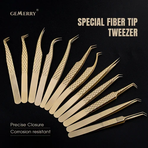 Pinzas de extensión de pestañas Gemerry con puntas de fibra, pinzas doradas de acero inoxidable de alta precisión para ventiladores de volumen, herramientas de maquillaje
