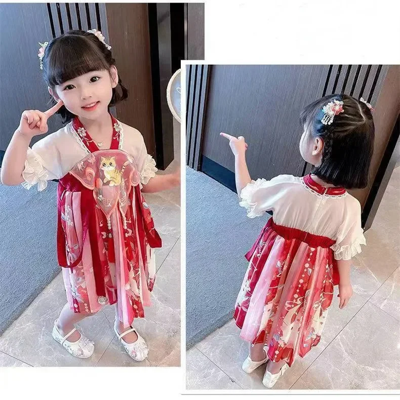 Gaun Anak Perempuan Kuno Fashion Pakaian Anak-anak Gaun Kasual Anak Perempuan Tang Bayi Pakaian Jalanan Putri Musim Panas Anak-anak Peri Hanfu