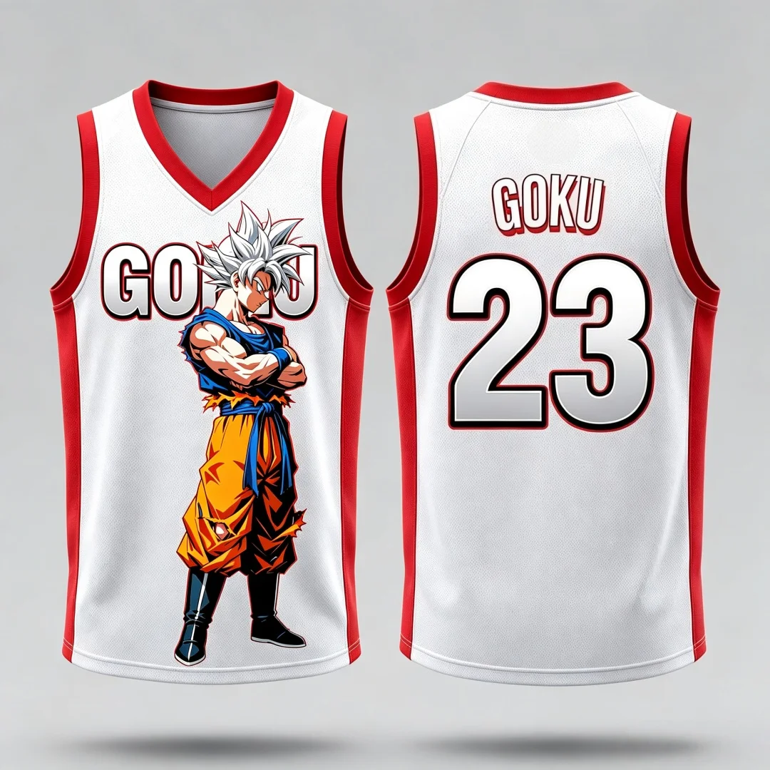 Dragon Ball Ultra Instinct Goku Basketball-Trikot, passende Eltern-Kind-Outfits, weiß, rot, ärmelloses Tank-Top, Anime-Streetwear – Detail 8