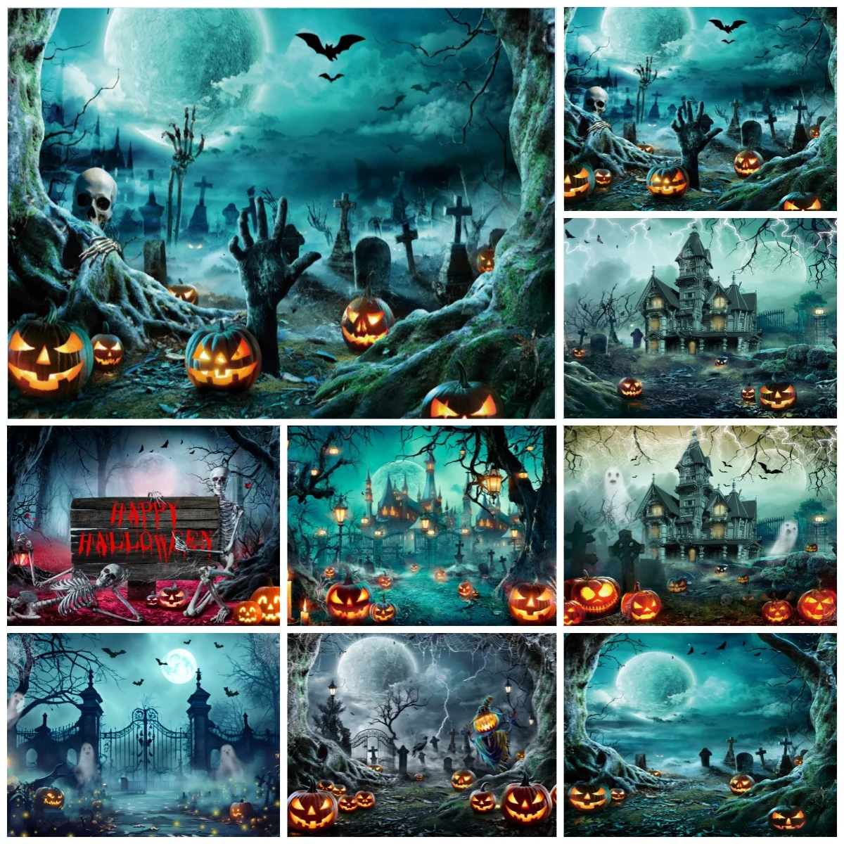 Halloween Graveyard Photography Background Full Moon Bat Skeleton Zombie Hand Decoration Spooky Halloween Party Backdrop Banner