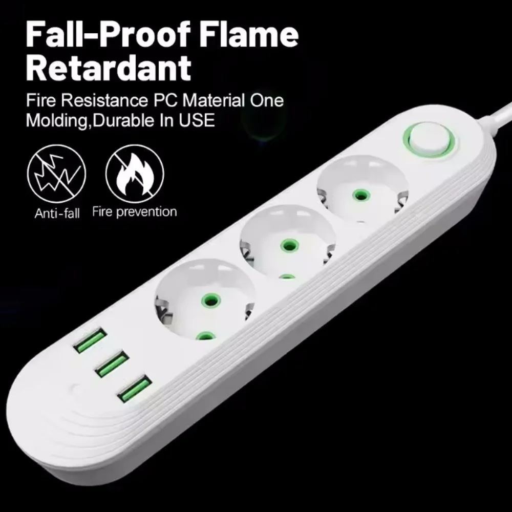 2500 واط قطاع الطاقة مع 3 منافذ USB الاتحاد الأوروبي التوصيل المقبس 2 متر تمديد كابل شحن سريع جولة دبوس مخرج تيار متردد مهايئ شاحن كهربائي