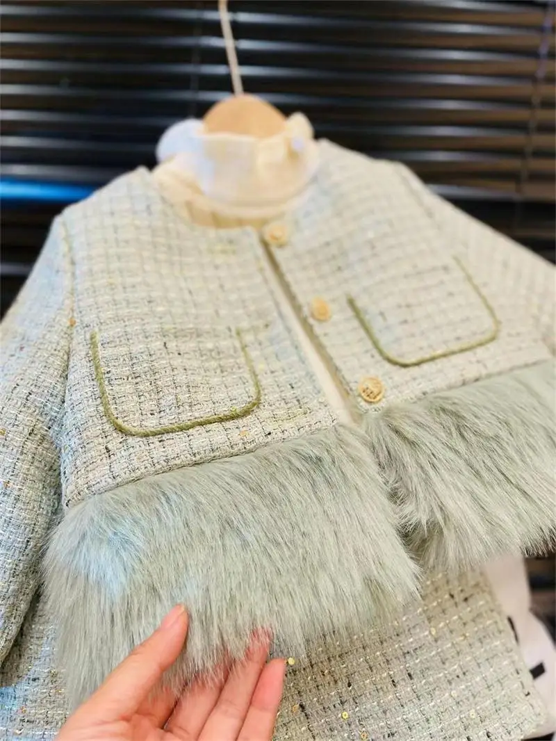 Girls Winter Clothing Sets 2026 New Cotton-padded Faux Fur Trim Jacket Shorts 2-Piece Outfit Kids Warm Clothes