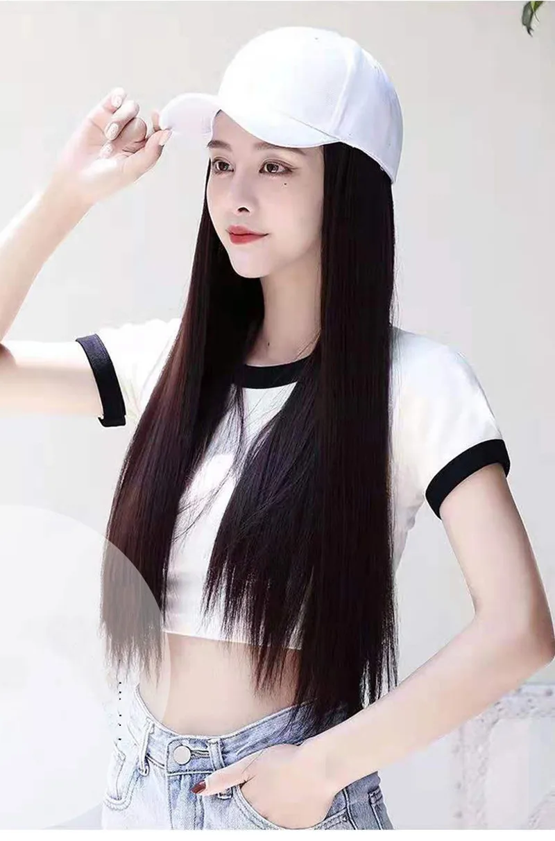 Fashion Hat Hair Extensions Beautiful Ladies Long Straight Wigs Hats Connected Head Cover Synthetic Peaked Cap Wig For Women