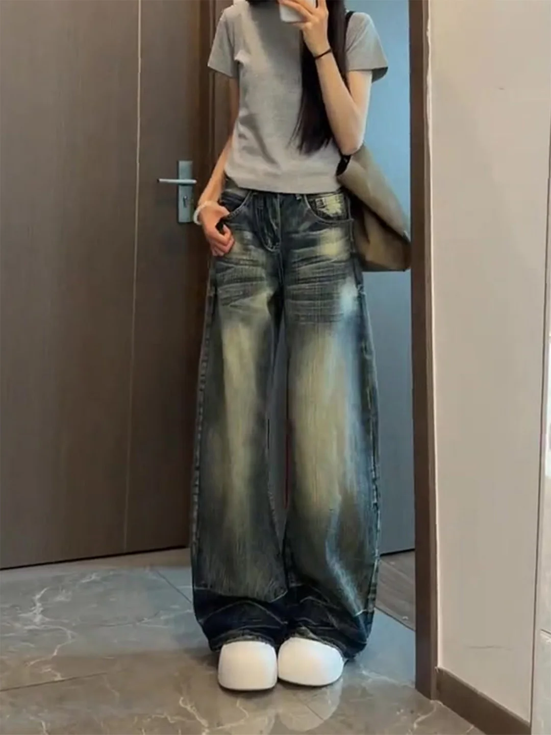 Slimming High Street Wide Leg Jeans Women's Washed Vintage American Style Loose Fit Casual Straight Cut Denim Pants
