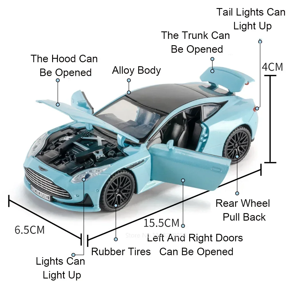 1:32 Valkyrie DB12 Supercar Druckguss-Legierungsmodell, Spielzeug, Ton und Licht, zurückziehbare Türen, geöffnete Miniaturfahrzeuge, Sammeln von Hobbys