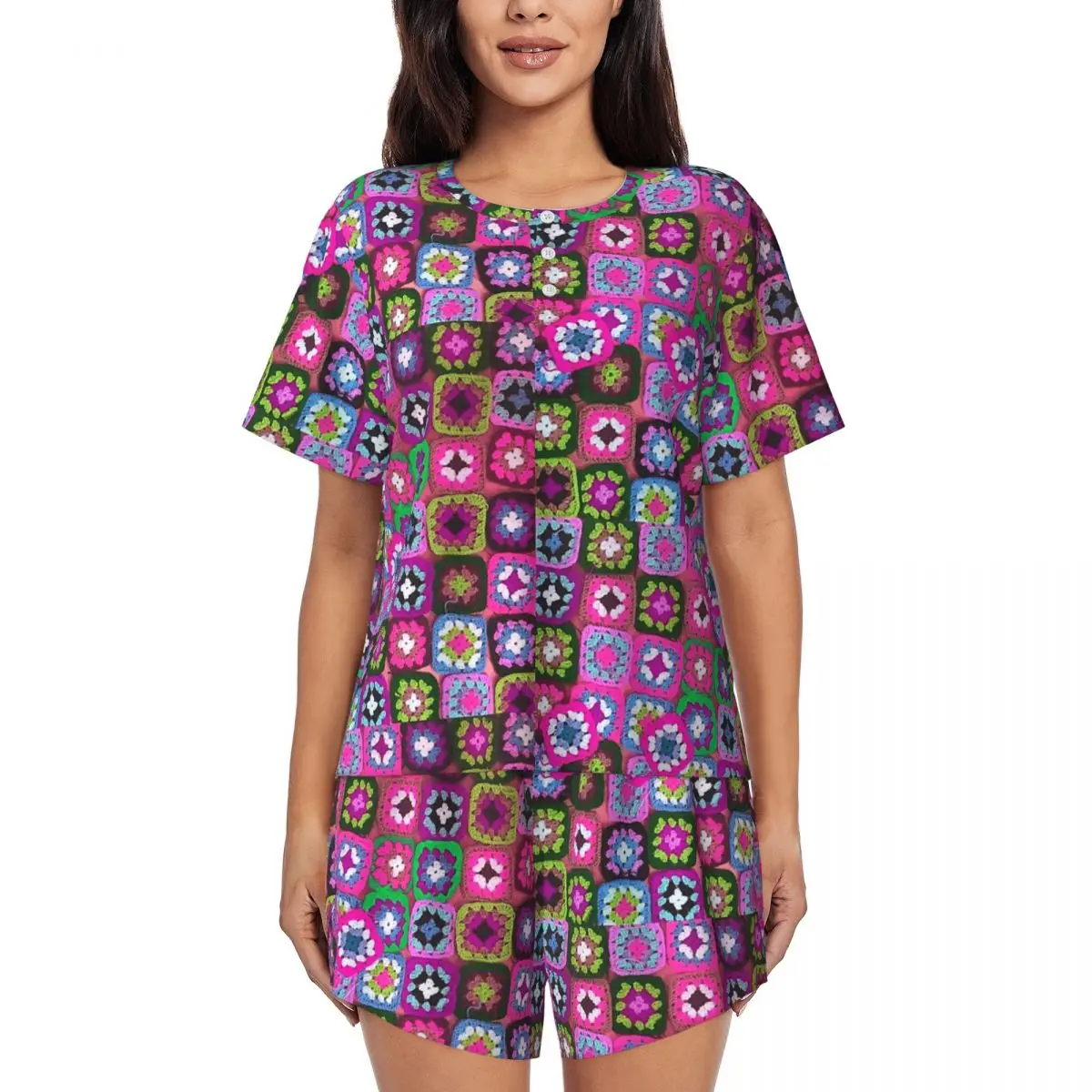 

Вязаное крючком одеяло с узором «Бабушкин квадрат», винтажная ночная рубашка с круглым вырезом и короткими рукавами для сна, женский мягкий пижамный комплект с короткими штанами