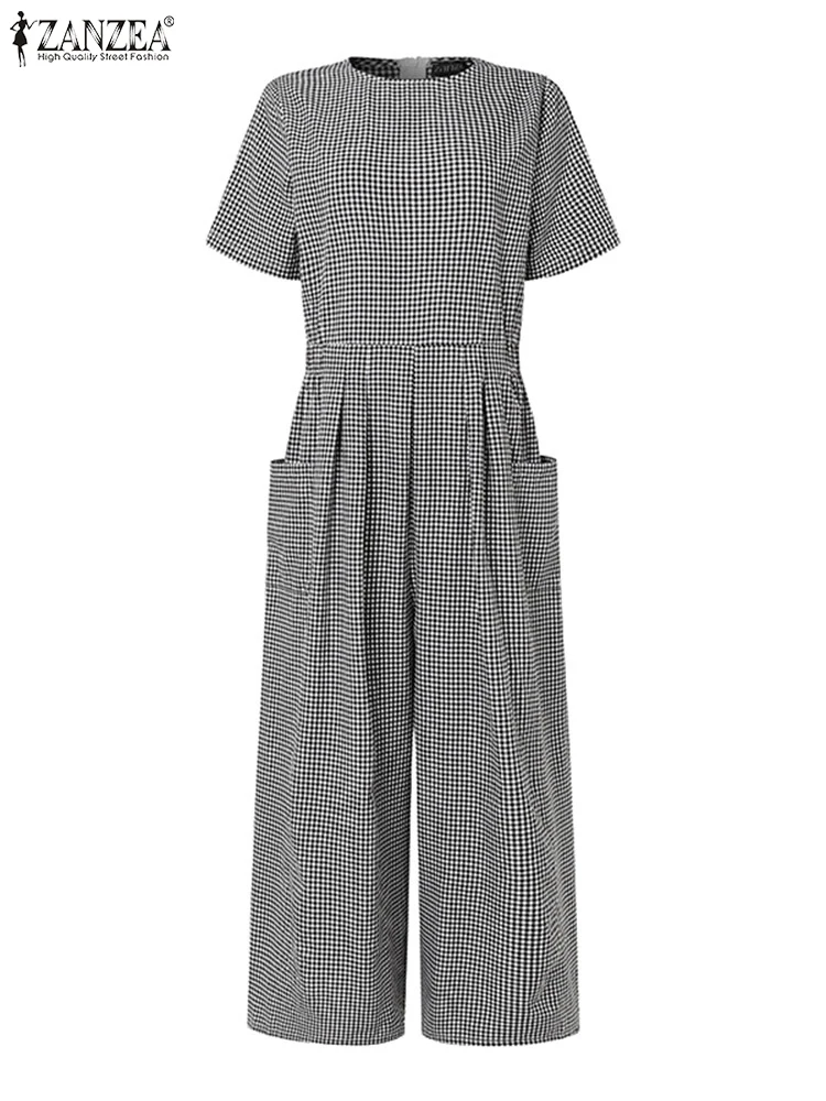 ZANZEA Women Rompers Summer Overalls Pants Vintage Short Sleeve Plaid Checked Jumpsuits Fashion Casual Loose Wide Leg Trousers