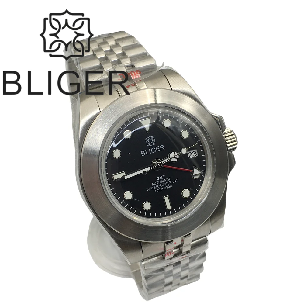 BLIGER 40mm Men Luminous Mechanical Wristwatches Dome glass/AR coating Dome glass  GMT Hand Black Dial