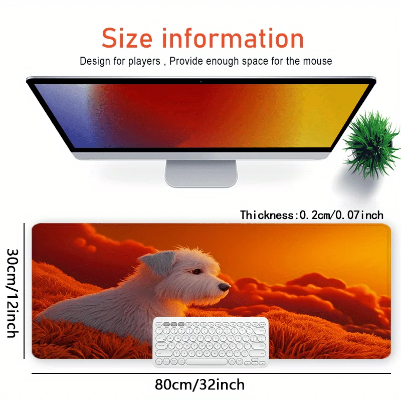Tapis de souris extra-large au design artistique pour chien – Base en caoutchouc souple antidérapant, paysage rouge et orange vibrant avec chien blanc, 88,9 x 40,64