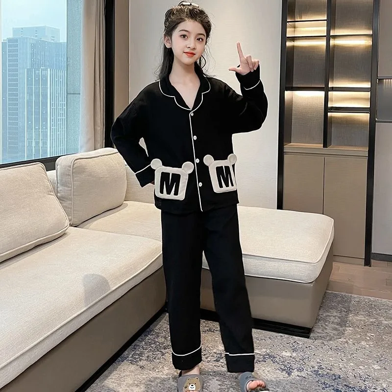 

100% хлопок, комплект одежды для сна с открытым воротником для детей-подростков, весна-осень, новый дизайн, удобная домашняя одежда с длинными рукавами