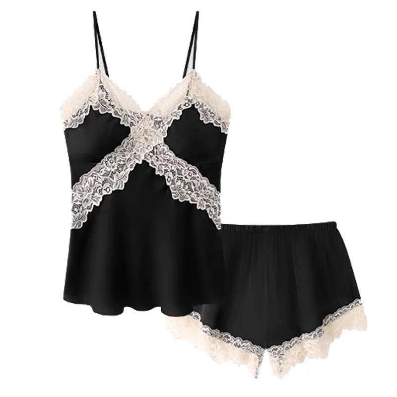 Damen Sexy Satin Pyjama Set Spitzenbesatz Cami Top Shorts Lingerie Nachtwäsche Seidig Schwarz Creme V-Ausschnitt Spaghetti-Träger Zweiteiliges Set – Detail 17