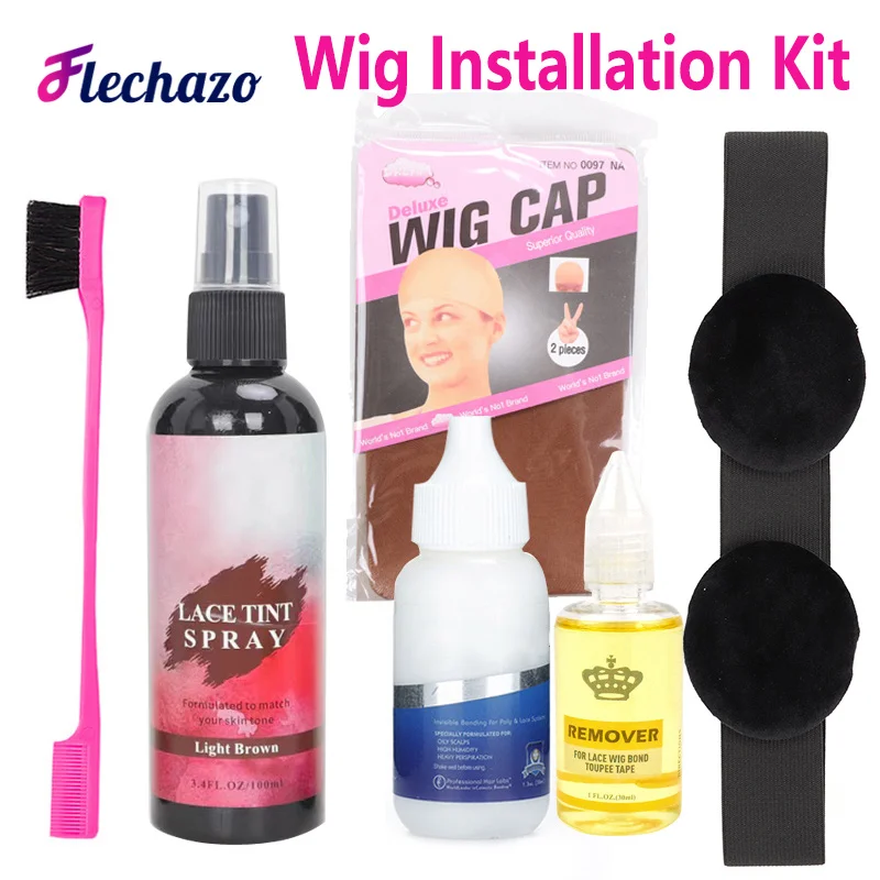 Flechazo Wig Installation Kit Set For Lace Front Wigs Lace Tint Spray Wig Glue And Remover Lace Melting Elastic Band Edge Brush